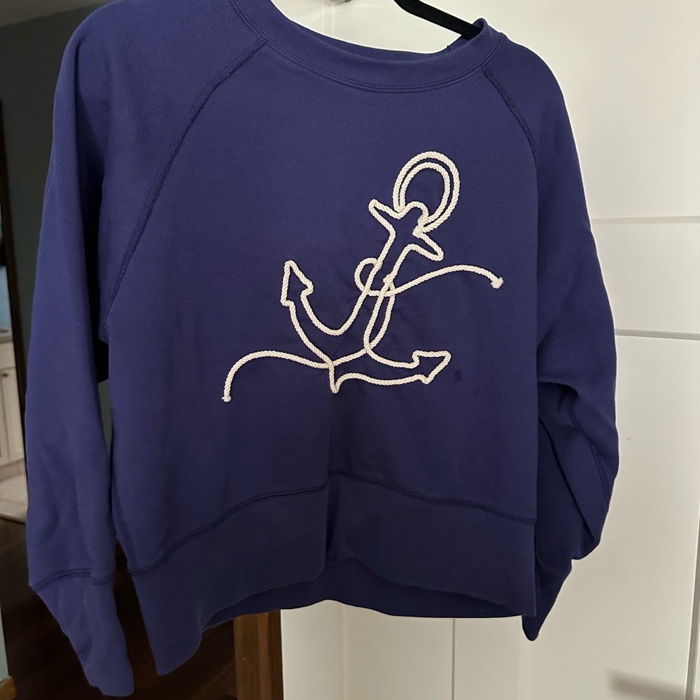 J. Crew Navy Blue Crewneck Sweater with White Anchor Embroidery